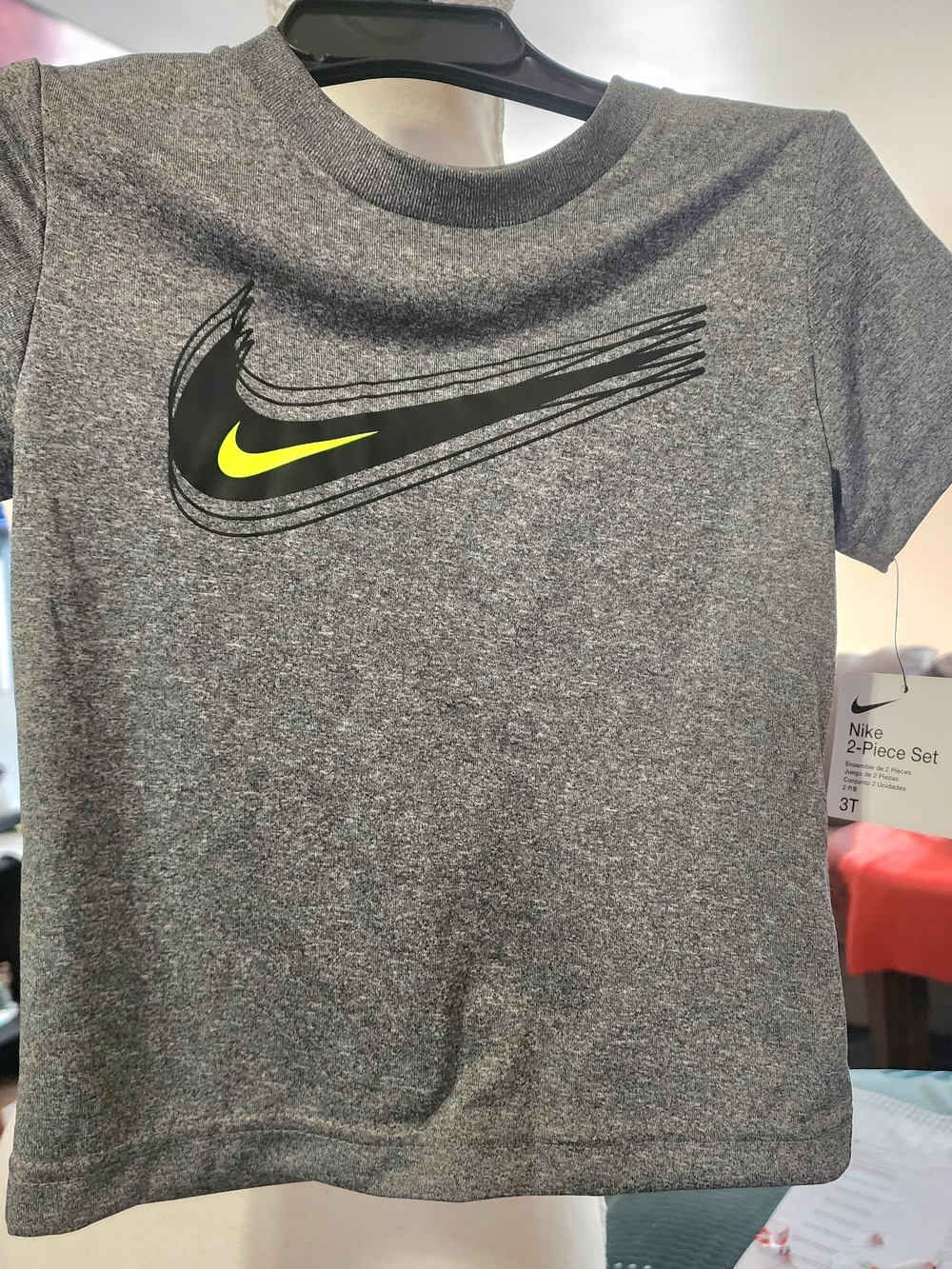 Nike Heather Gray Tee with Black and Neon Yellow Swoosh Sz 3T NWT